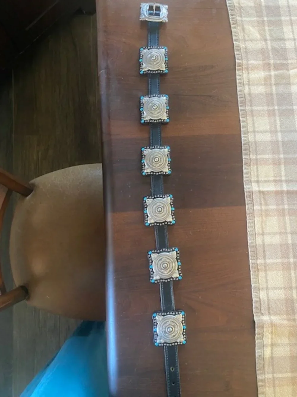 Vintage Black Leather Belt with Silver and Turquoise Conchos